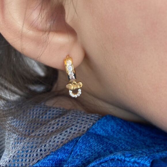 14K Yellow Gold and Diamond Cubic Zirconia Minnie Mouse Hoop Huggie Earrings - Picture 2 of 6